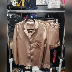 Missguided X Playboy Collab Champagne Rosé Pink Satin Pajamas Black Logo US6 M